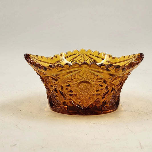 LE Smith Amber Glass Candy Nut Dish 6" Starburst Pattern Sawtooth Rim