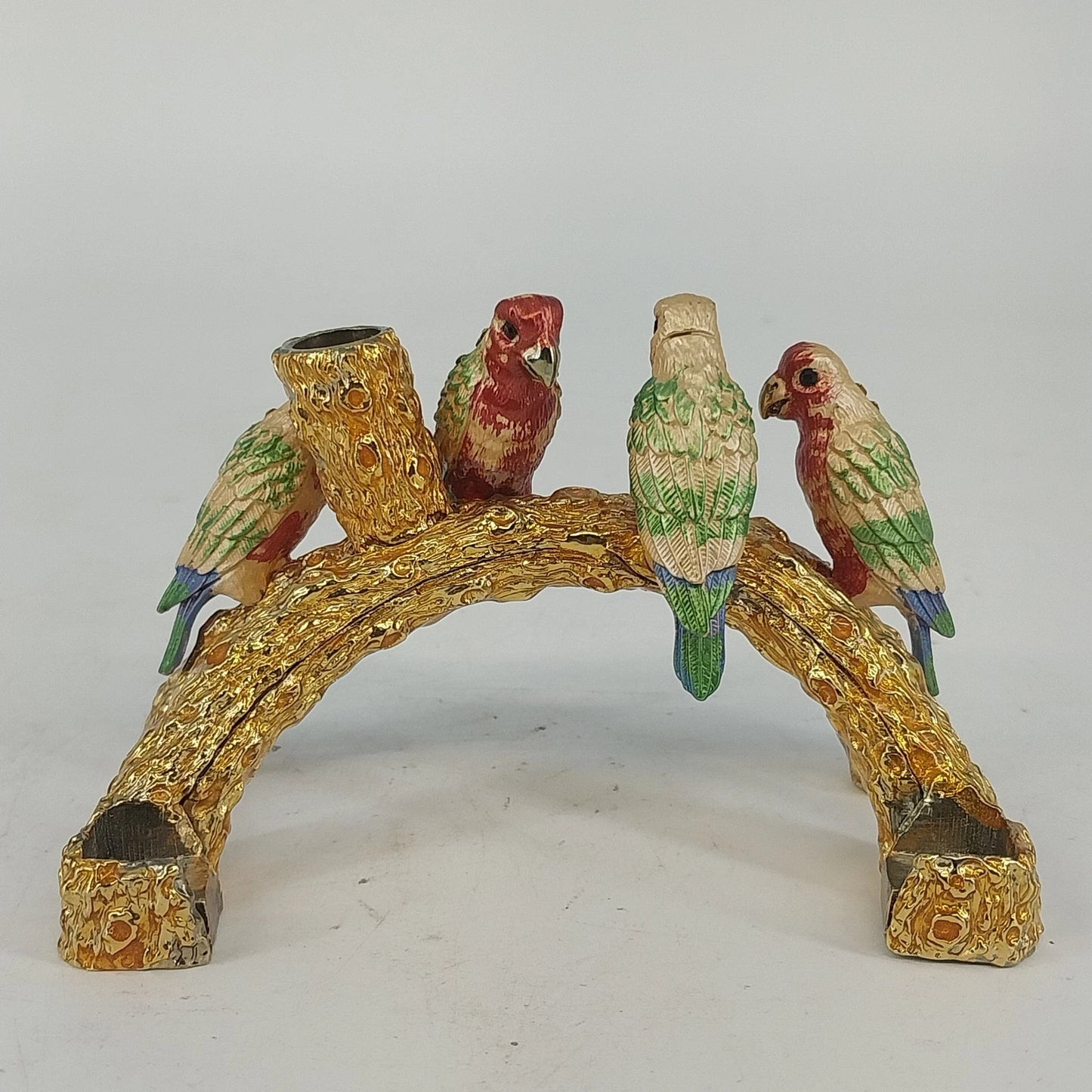 Metal Enamel Crystal Parrot Pen & Business Card Holder Bird on Branch Desk Decor