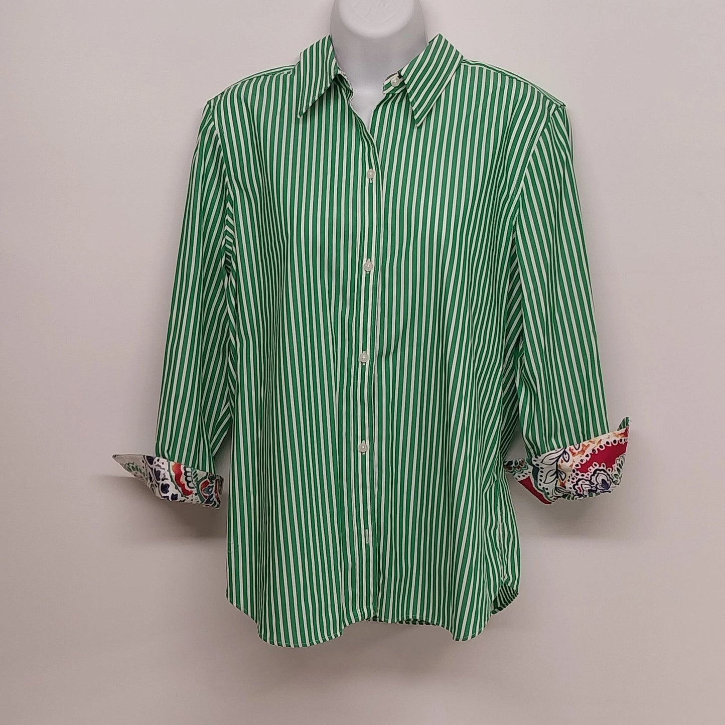 Chaps No Iron Green White Striped Button Front Shirt Women's L Red Paisley Cuffs