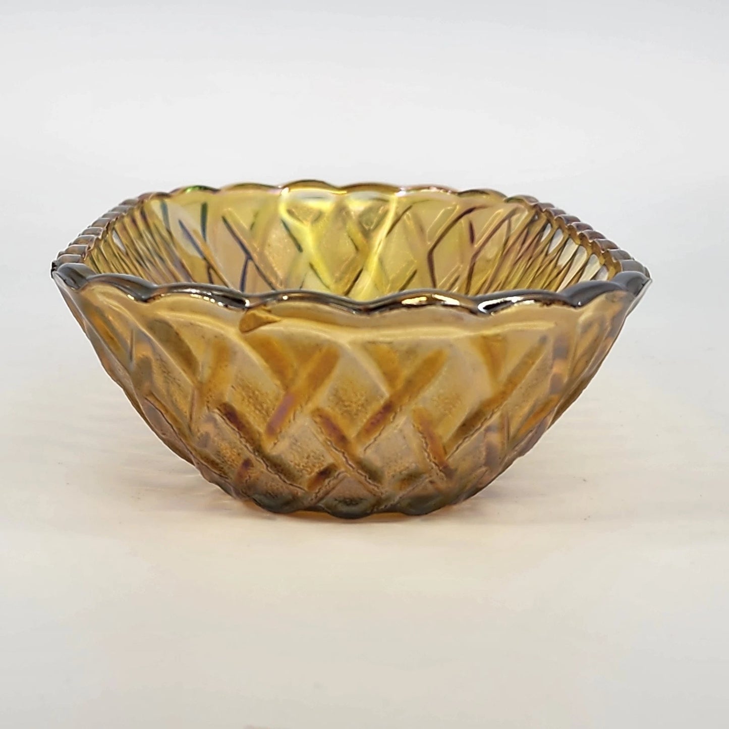 Amber Iridescent Carnival Glass Oval Serving Bowl Scalloped 10.5