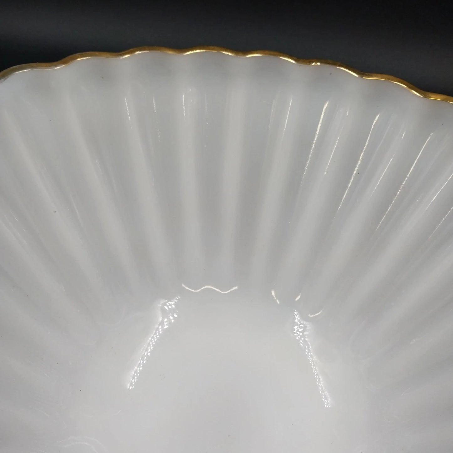 Fire-King Rachel Serving Bowl 11" Milk Glass Scalloped Gold Rim Anchor Hocking