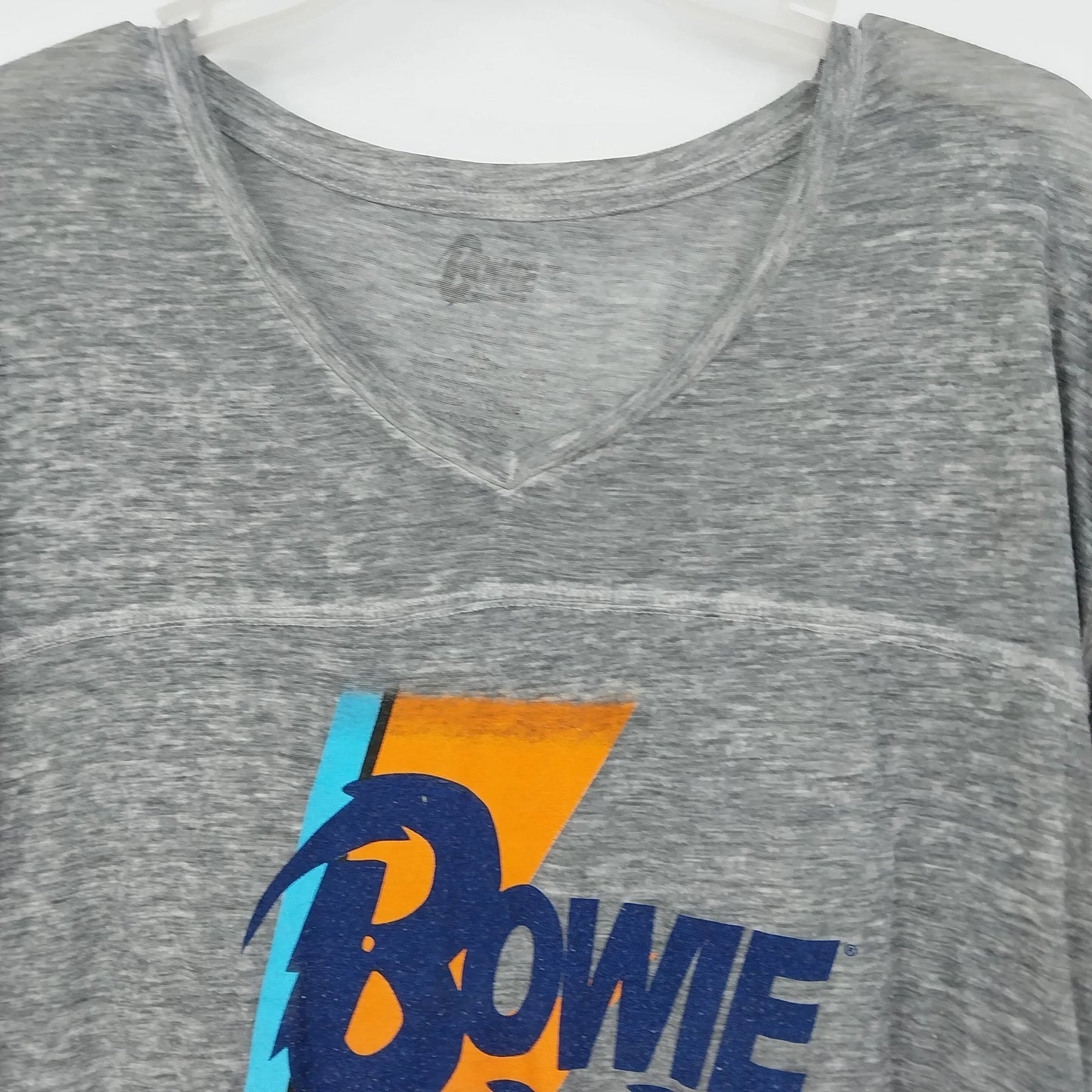 David Bowie Graphic V-Neck T-Shirt Women's XL Gray Burnout Hi-Low Varsity Tee