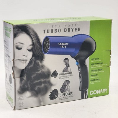 Conair Blue & Black Turbo Hair Dryer with Diffuser & Concentrator 1875 Watt NIB