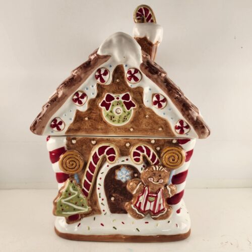 Gingerbread House Ceramic Cookie Jar Christmas Holiday St Nicholas Square 13"h