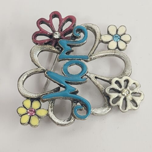 Silver Tone MOM Brooch Multicolor Enamel Flowers with Rhinestones 1.5" x 1.5"