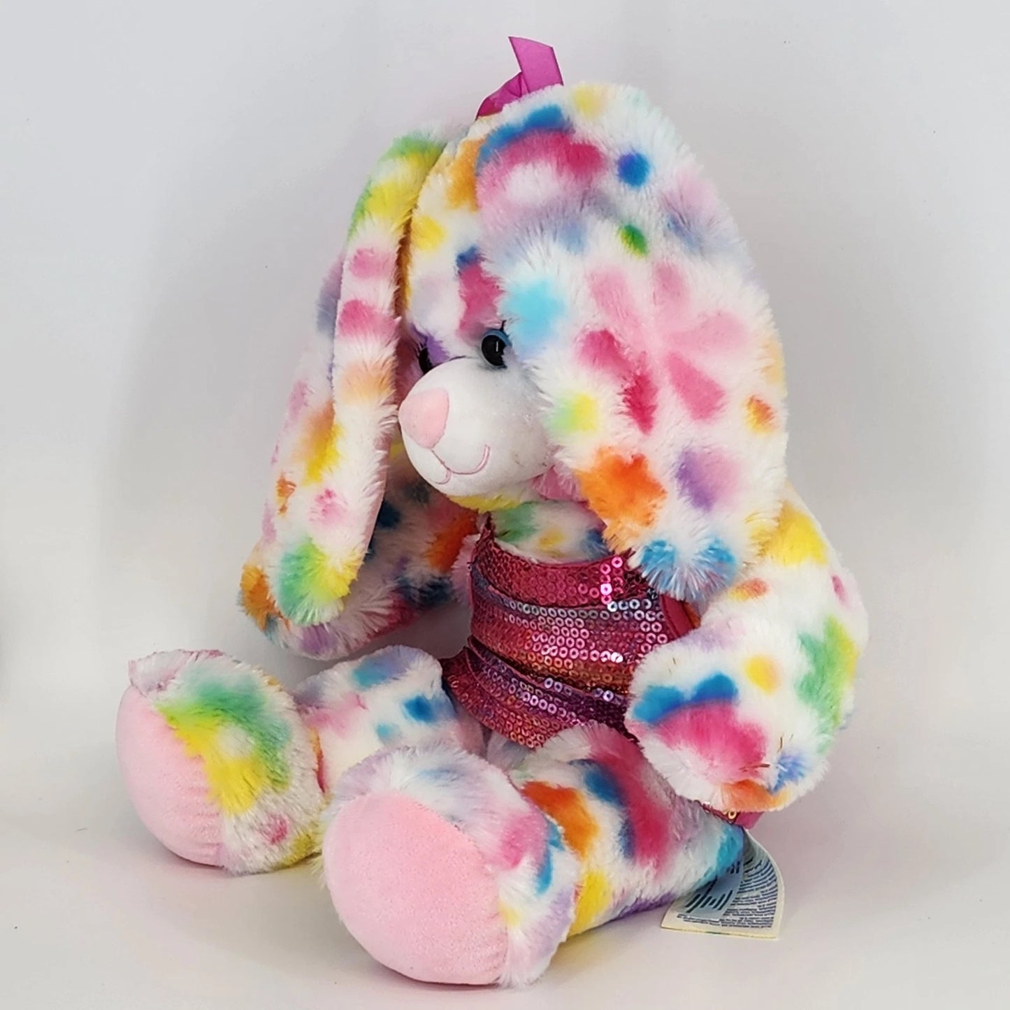 Build A Bear Tie Dye White Pastel Spotted Bunny Rabbit Plush 16" Pink Dress