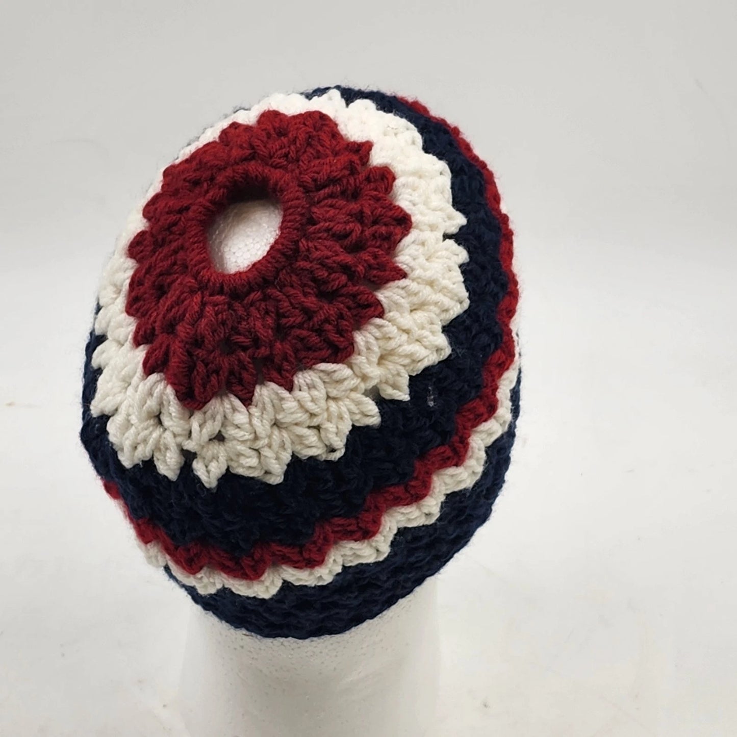 New Handmade Crochet Messy Bun Beanie Navy Blue Red White Ponytail Hat Medium
