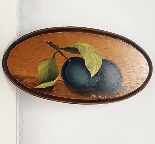 2 Hand Painted Farmhouse Vintage Folk Art Wooden Wall Hanging Plaque Fruit Plums