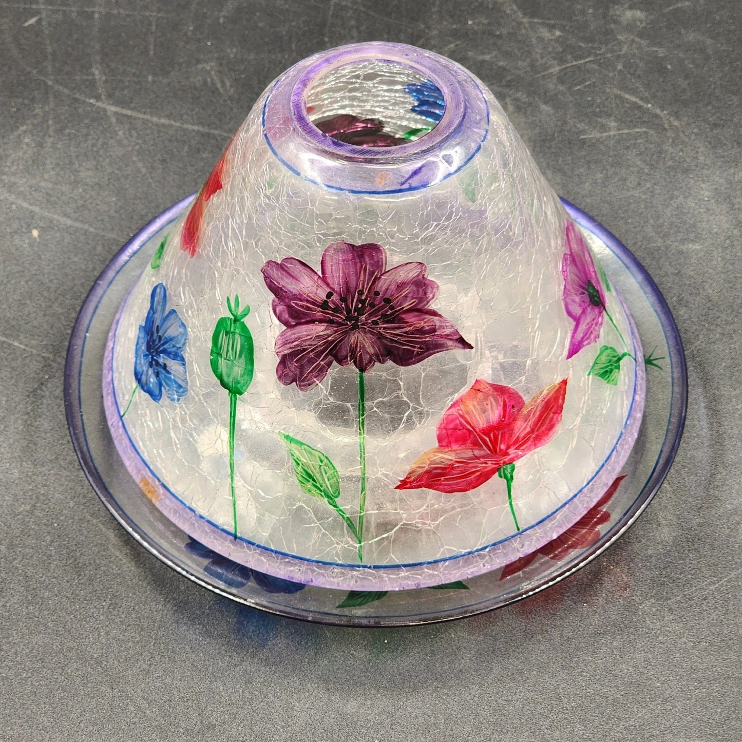 Yankee Candle Shade & Underplate Large Jar Purple Crackle Glass Floral Design