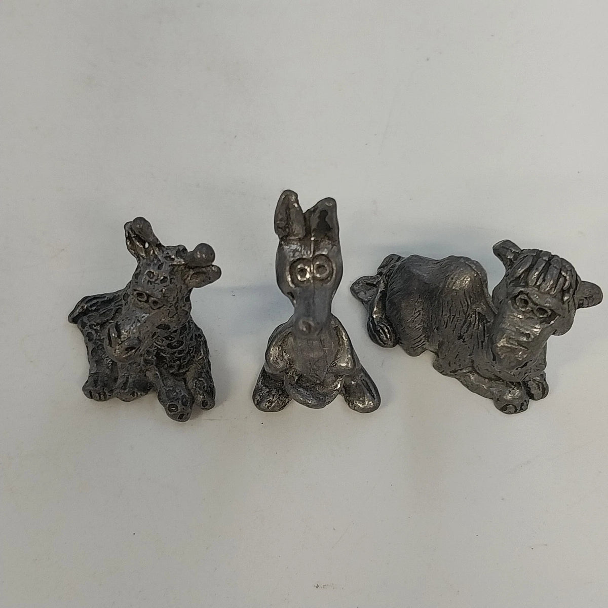 3Pcs Whimsical Pewter Giraffe Kangaroo Monkey Miniature Figurines Animal Vintage