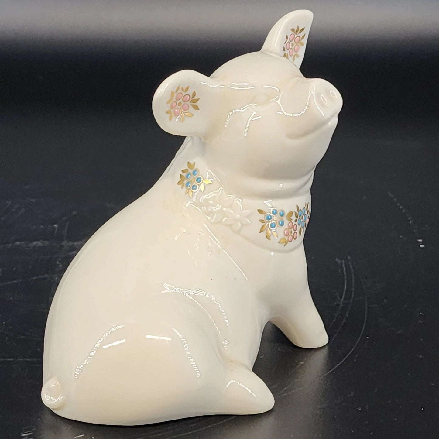 Lenox China Jewels Pig Figurine Porcelain Enamel Flowers & 24K Gold Leaves 4"