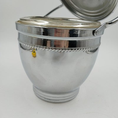 Silver Chromium Solid Brass Ice Bucket Cooler Hinged Lid Arm & Glass 13" 1950's