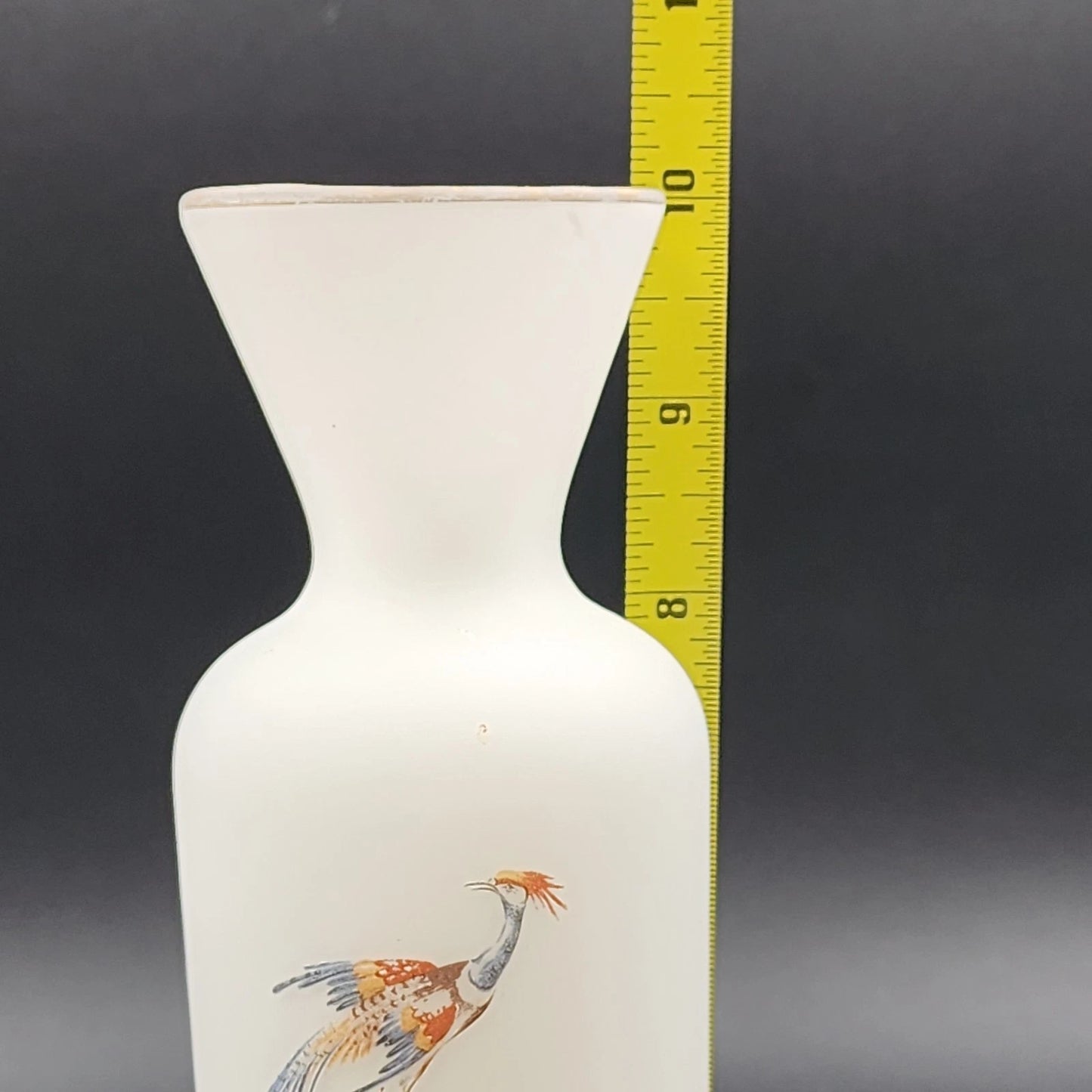 Norleans Vase 10" Hand Painted Bird & Floral Frosted Satin Art Glass w Gold Trim