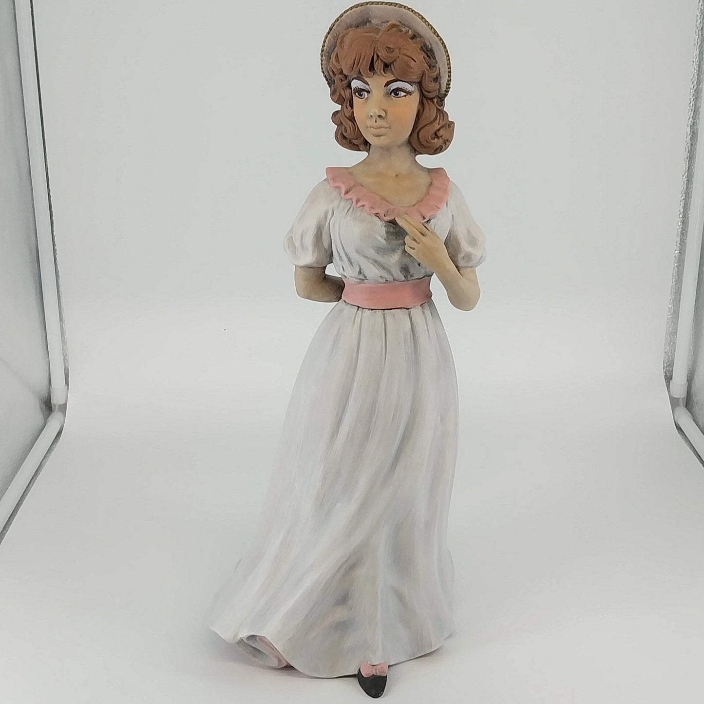 Holland Mold Lady Figurine White Pink Dress Hand Painted Ceramic 17" Vintage