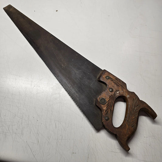 Warranted Superior 26" Crosscut Hand Saw Wheat Carved Wood Handle Vintage