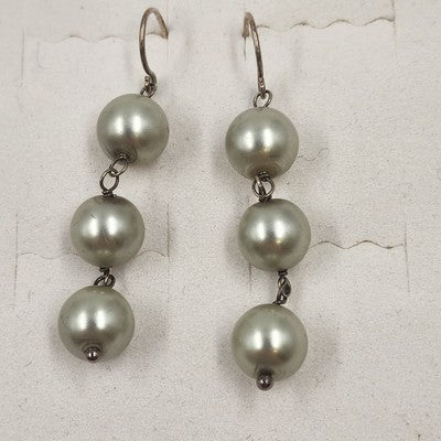 Sterling Silver 925 Triple White Gold Faux Pearl Dangle Drop Earrings 2"