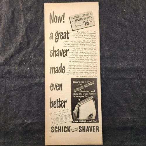Schick Electric Shaver Closer Cleaner Faster Shaves 1948 Vintage Print Ad