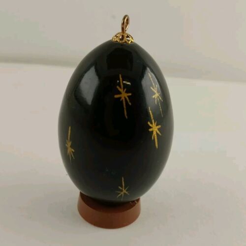 Russian Style 3" Black Lacquer Egg Christmas Santa Claus Ornament Brown Base