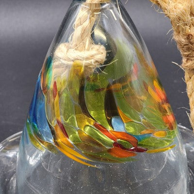 Bell Hummingbird Hand Blown Art Glass Multicolored Swirls Ruffled Edge Rope Hang
