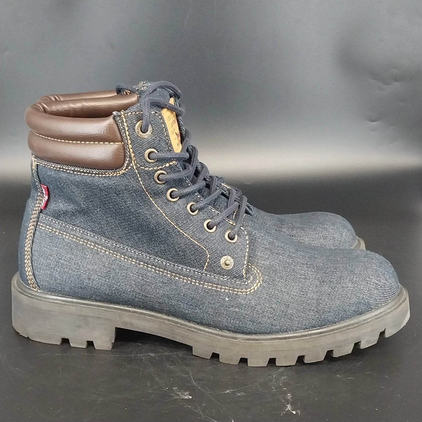 Levi's Solvano Mid Blue Denim Lace Up Ankle Boots Men's 9.5 Brown Padded Collar
