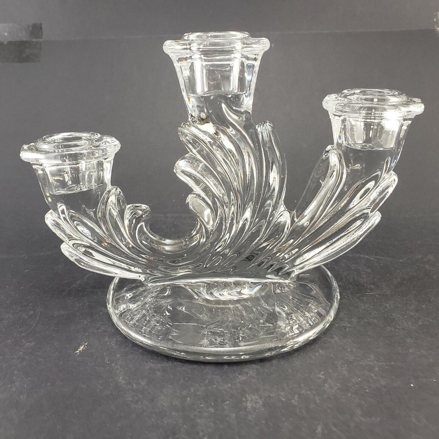 Fostoria Navarre Glass Triple Candle Holder Crystal Clear Base Art Deco Style