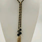 Gold Tone & Black Ribbon Chain w Black Faceted Beads Chain Tassels 48" Necklace