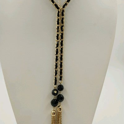 Gold Tone & Black Ribbon Chain w Black Faceted Beads Chain Tassels 48" Necklace
