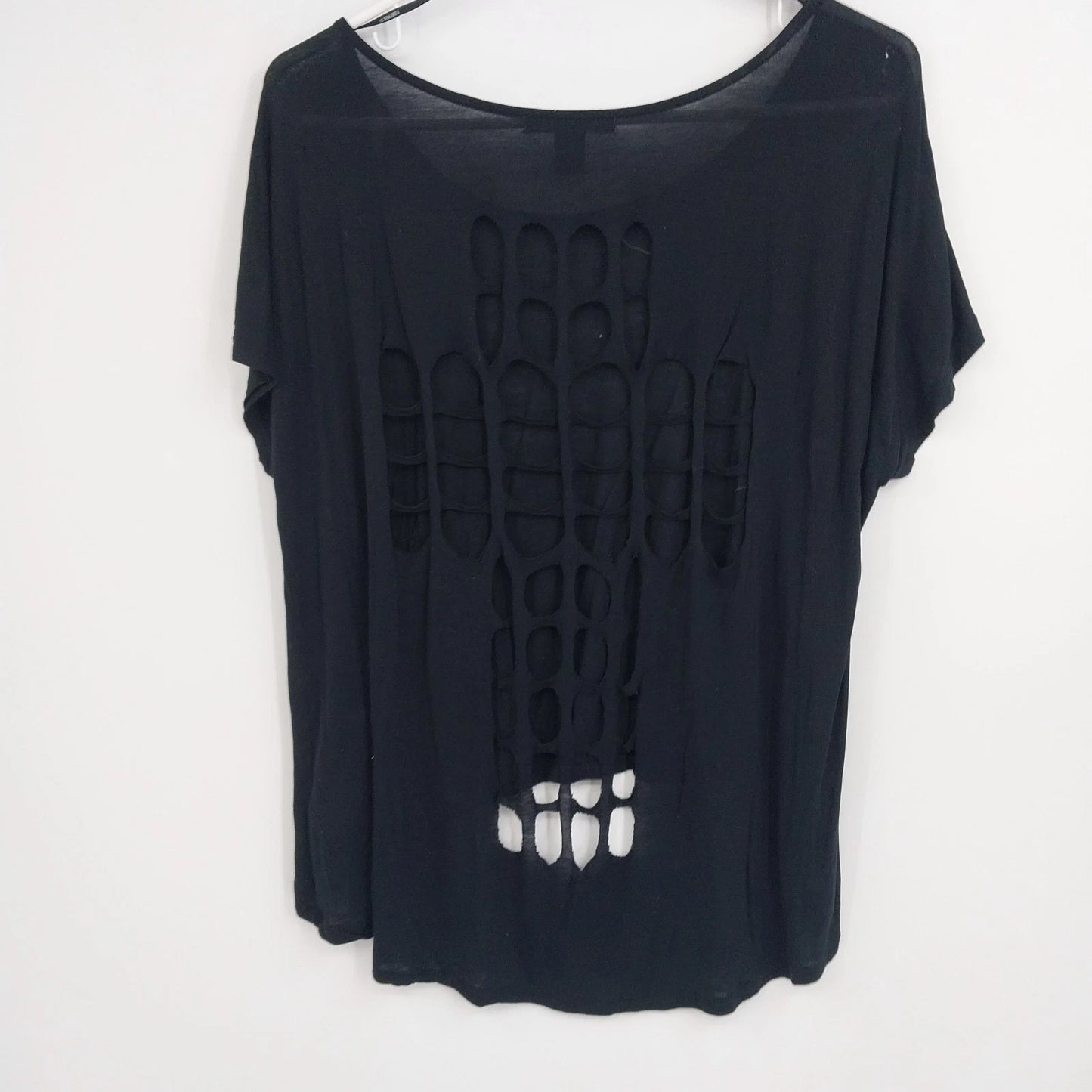 Forever 21 Black High-Low Cutout Back Top Women's Large Short Sleeve Scoop Neck