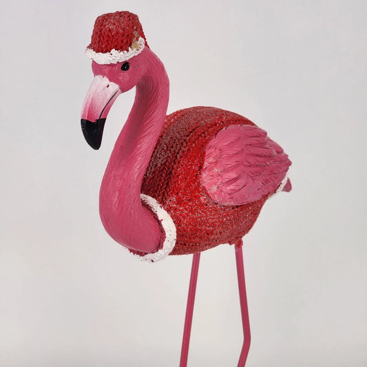 Christmas Flamingo Figurine 11" Resin & Wire Pink Holiday Decor Knit Coat & Hat