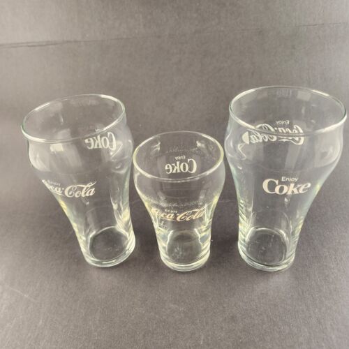 3 Enjoy Coke Coca-Cola Classic Bell Shaped Glasses Two 12 oz and One 8 oz Sizes