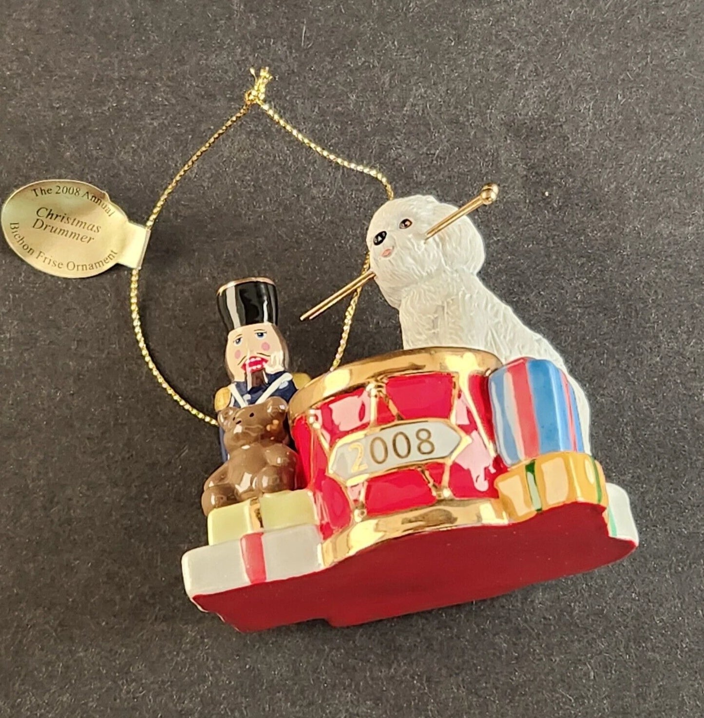 The Danbury Mint Christmas Ornament Drummer & Bichon Frise Dog 2008 Vintage