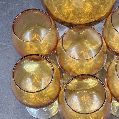 Italian Amber Glass Decanter & 6 Cordials Twisted Stems Clear Handle Vtg Elegant