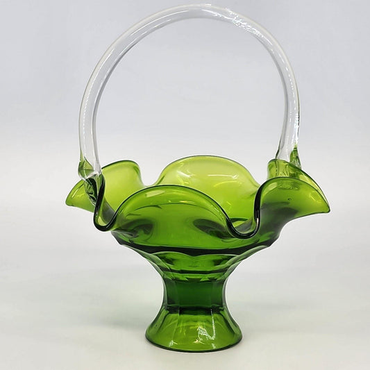 Vintage Viking Art Glass Pedestal Basket Green Ruffled Edge Applied Handle Mid Century Hand Blown Glass