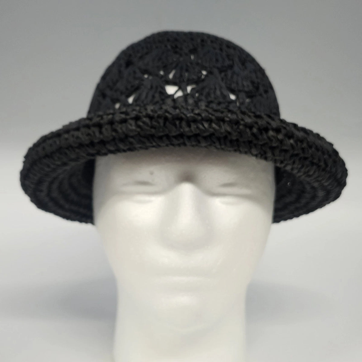 Women's Black Crochet Straw Cloche Hat Rolled Brim Cut Out Open Weave One Size