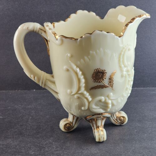 EAPG Northwood Louis XV Custard Glass Water Pitcher 6 Tumblers Gold Trim