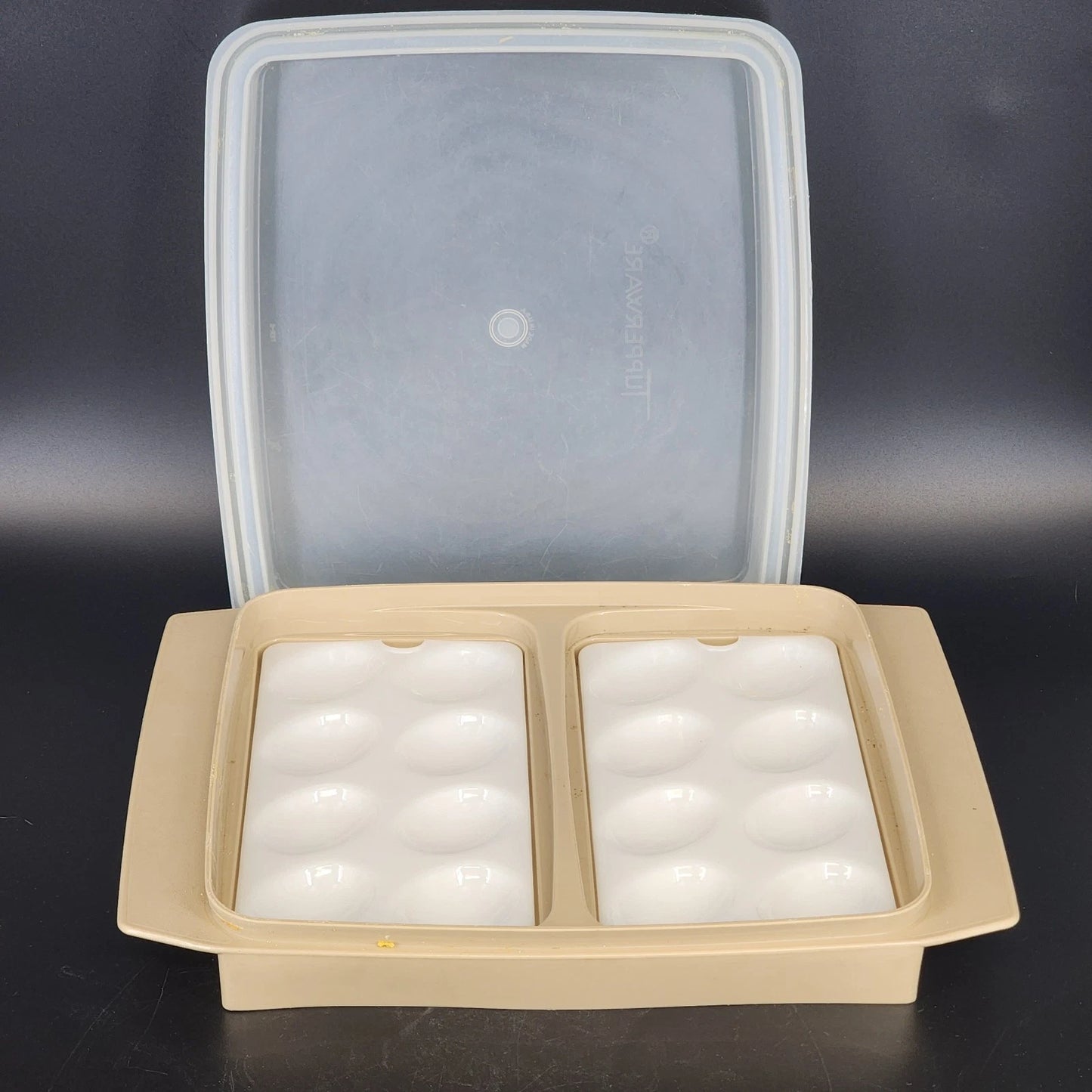 Tupperware Deviled Egg Keeper Container 723 2 Almond 16 Egg Carrier 12 Inch USA