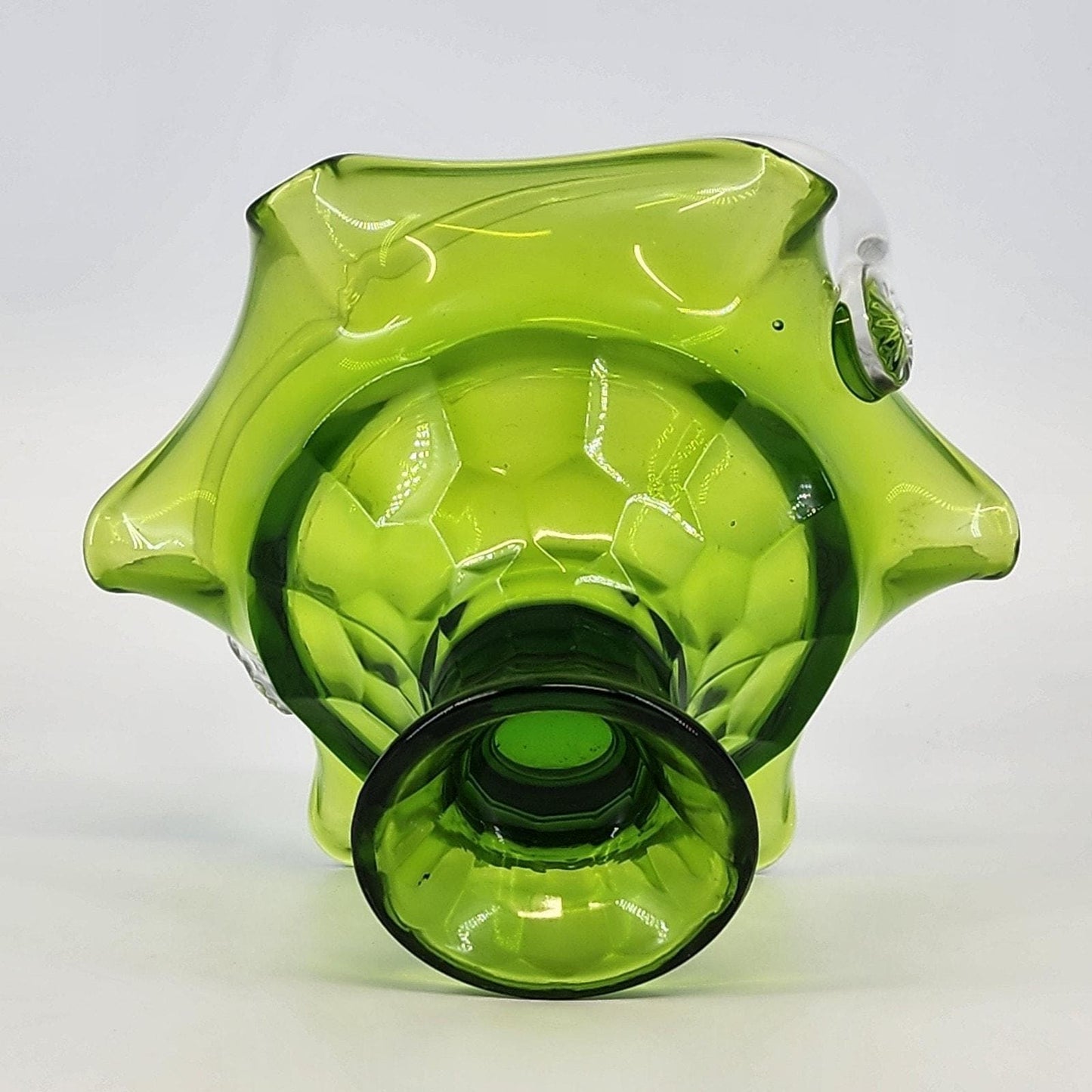 Vintage Viking Art Glass Pedestal Basket Green Ruffled Edge Applied Handle Mid Century Hand Blown Glass