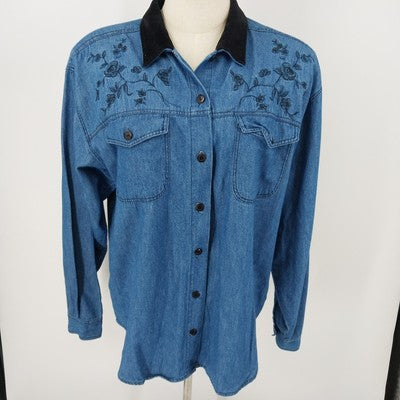 New Look Denim Shirt L Floral Embroidered Velvet Collar Long Sleeve Turkey Vtg