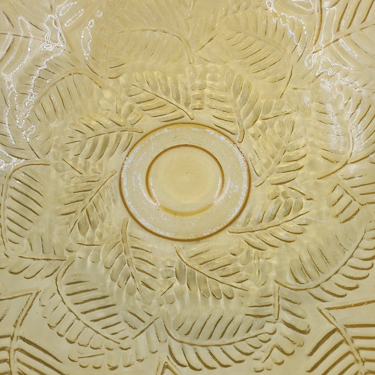 Amber Glass Serving Bowl Embossed Fern Leaf Pattern Scalloped Rim 13" Vintage