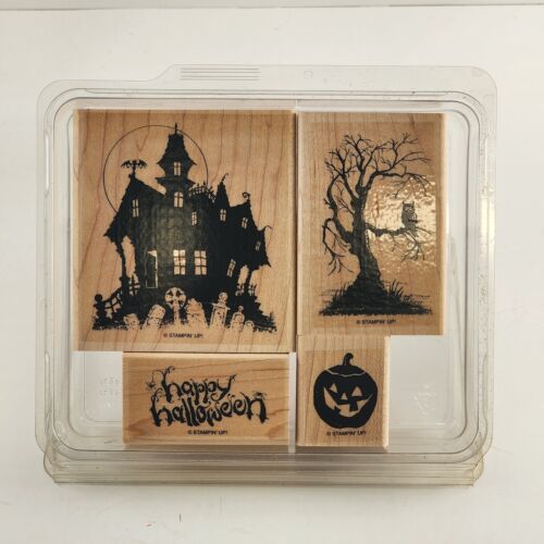 Stampin Up Set or 4 Halloween Themed Wooden Mounted Rubber Stamps Vintage