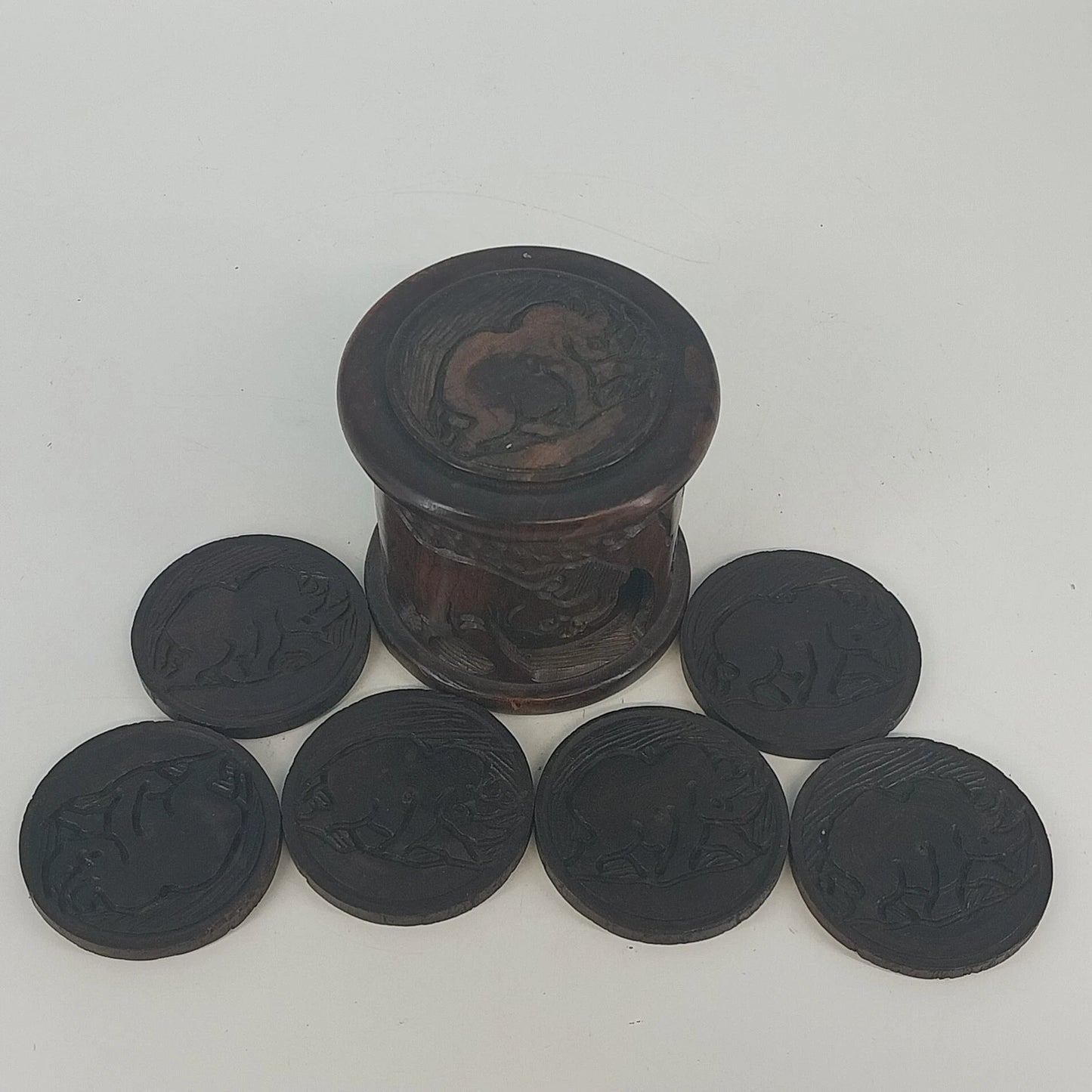 Hand Carved Wood Elephant Coaster Storage & Lid Set African Safari Barware Vtg
