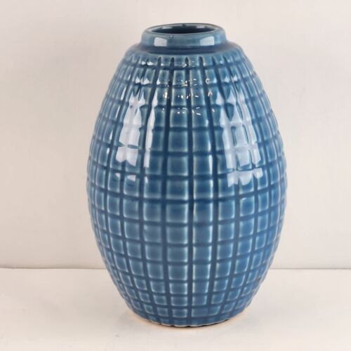 Blue Glazed Vase Geometric Grid Lines Pattern 6" Tall x 1.25" Mouth Rubber Base