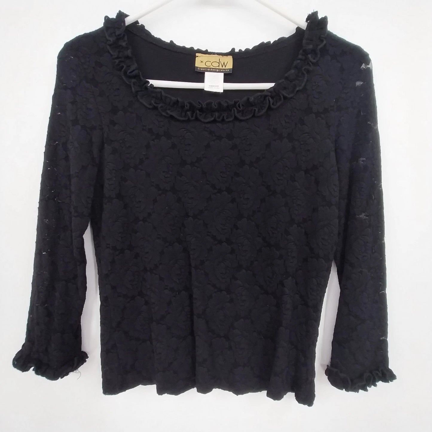 CDW Black Floral Rose Top Women Medium Lace Ruffle Neck Cuffs Long Sleeve USA