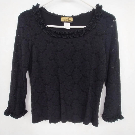 CDW Black Floral Rose Top Women Medium Lace Ruffle Neck Cuffs Long Sleeve USA
