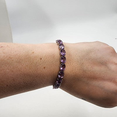Silver Tone & Purple Crystal Glass Faceted Rhinestone Black Corded Bracelet 3.5"