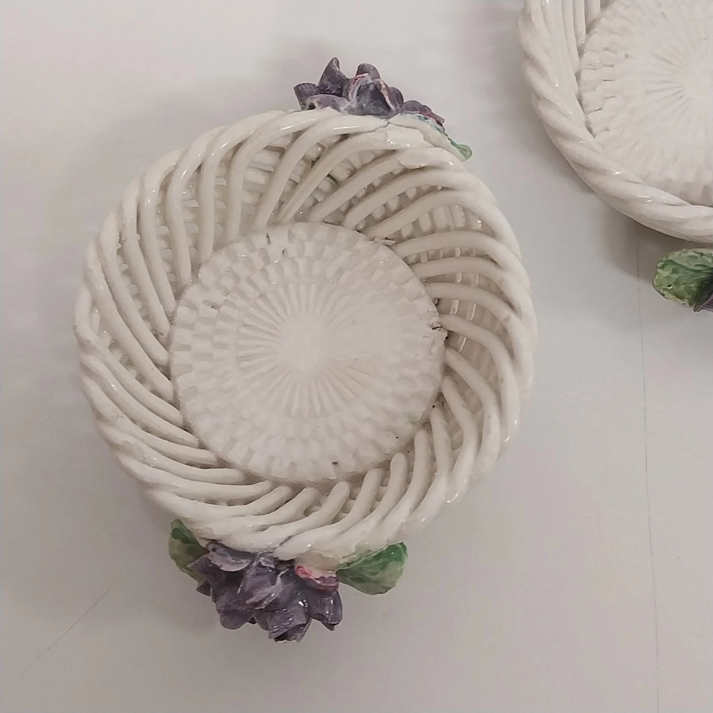 Italian Ceramic Lattice Trinkets Baskets Purple Violets Floral Pair 3" Vintage