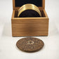 5 Solid Brass and Leather Coasters 4" with Wood Box Esther Price Candies Corp