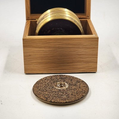 5 Solid Brass and Leather Coasters 4" with Wood Box Esther Price Candies Corp