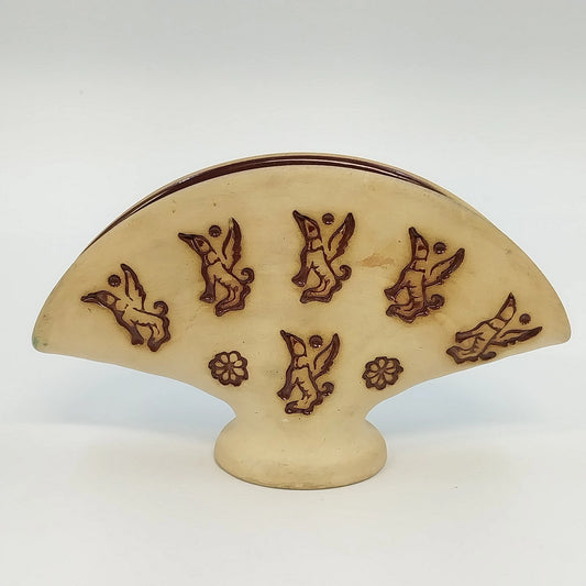 Pottery Napkin Holder Flying Winged Dog Motif Beige Brown Fan Shape 6.5" Repair