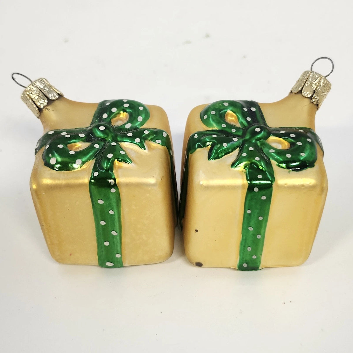 Czech Republic Glass Gift Box Christmas Hanging Ornaments Gold Green Pair 1.5"